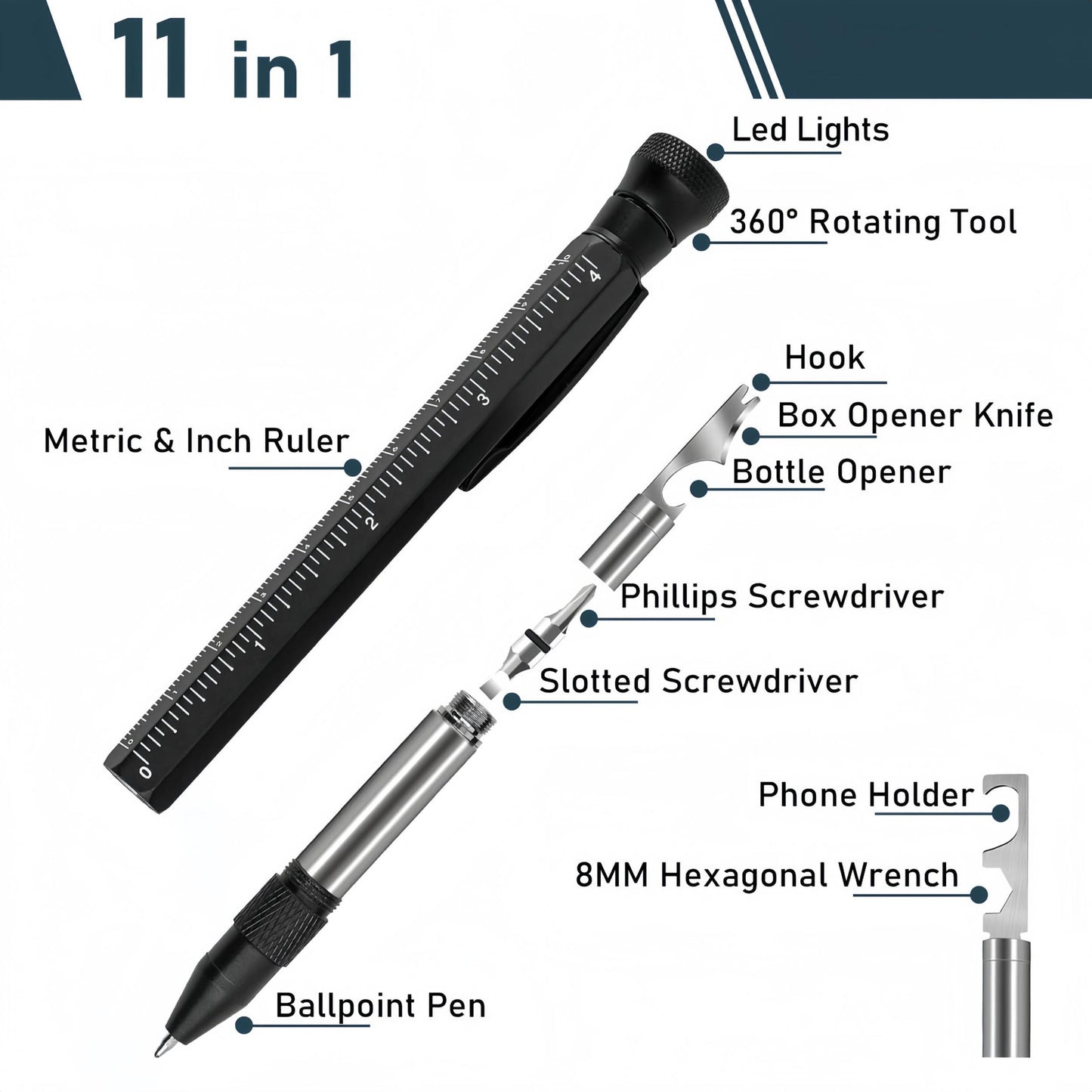 MakerJoy 11 In 1 Multi-Tool EDC Pen with Ruler, Level, Bottle Opener for Handyman